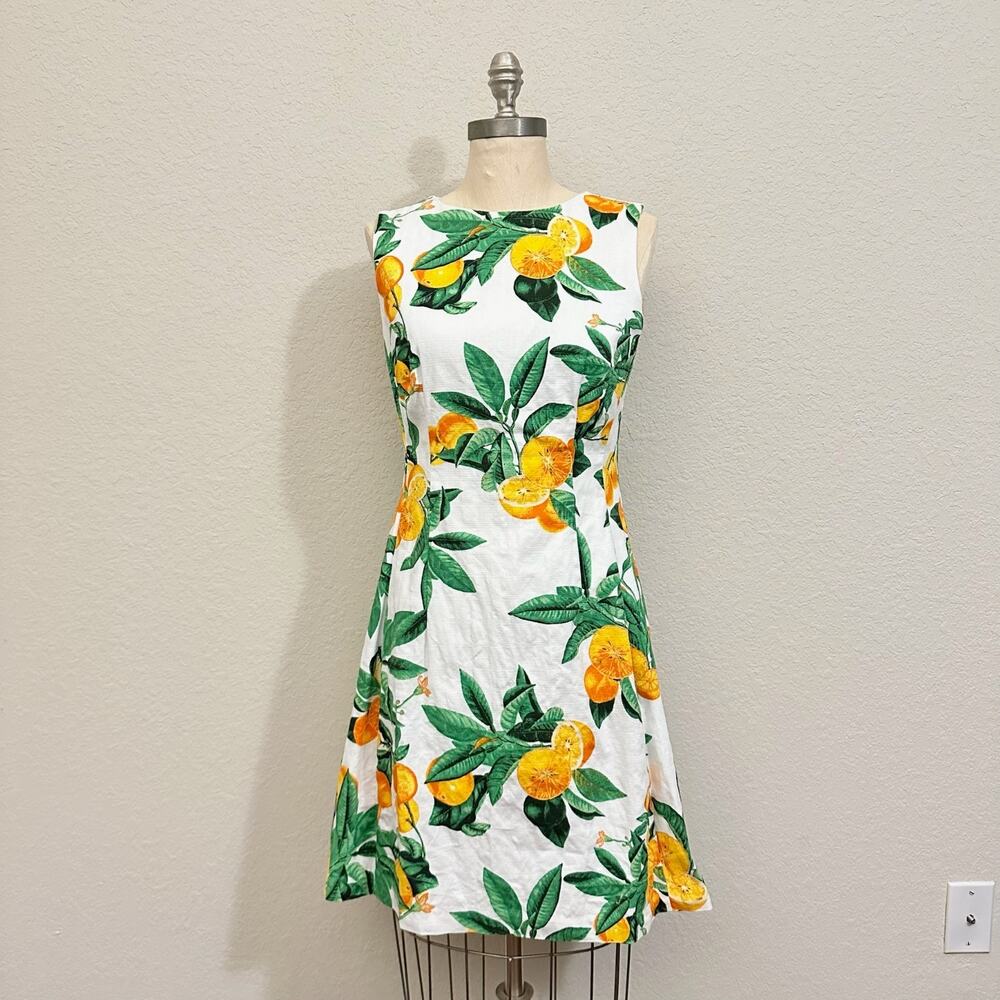 EVA MENDES Mini Dress Orange Citrus Fruit Print Sleeveless Stretch